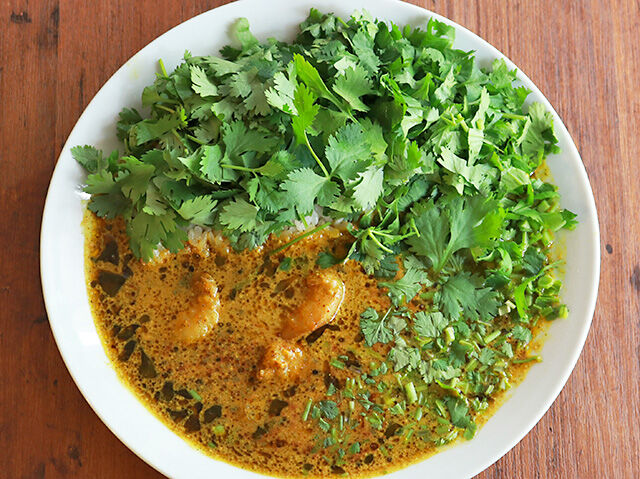インパクト大！山盛りパクチーの爽快エビカレー