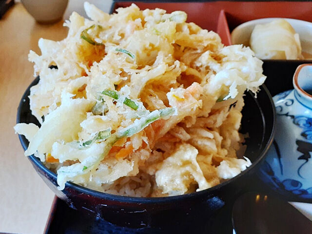 【宇都宮市】ボリューム最高！二枚山盛りの「かき揚げ天丼セット」（そば処 吉咲）